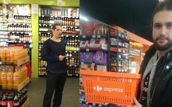 dwóch statystów na sesji zdjęciowej w markecie
